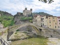 Dolceaqua - Scenic view of famous Castle Castello dei doria and ancient roman bridge ponte vecchio in Liguria