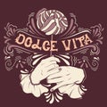 Dolche vita. Vector illustration of woman mouth biting lollipop and hands