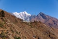 View of Dole village and snow-capped peaks of Kangtega and Thamserku in the background, along the Everest Base Camp trek, Nepal Royalty Free Stock Photo