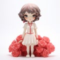 Anime-inspired Doll With White Dress And Pink Roses