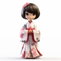 Charming Anime Doll In Traditional Kimono - 3d Render