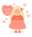 Doll Day. Cute children toy doll curly blondie girl in red dress. International holiday. Vector illustration. Greeting