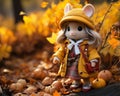 a doll dressed in an autumn outfit stands in front of a pile of pumpkins