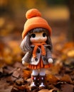 a doll dressed in an orange and brown outfit standing in a pile of fallen leaves