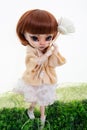 doll expressive face big eyes scary plastic face standing Royalty Free Stock Photo