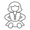 Doll girl in dress thin line icon, kid toys concept, retro doll sign on white background, Baby doll icon in outline