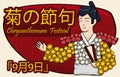 Doll of Japanese Man with Flowers to Celebrate Chrysanthemum Festival, Vector Illustration