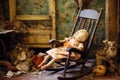 doll lying on a worn-out rocking chair