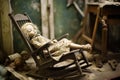 doll lying on a worn-out rocking chair