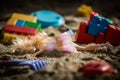 Doll in pink dress half buried in sandpit