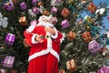 Doll Santa Claus and Christmas tree after snowfall.