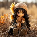 a doll sitting in a field with a hat and scarf