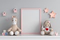 Doll on table with frame mockup, 3D rendering Royalty Free Stock Photo