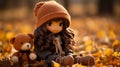 a doll and teddy bear sitting in the autumn leaves Royalty Free Stock Photo