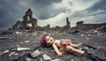 Doll toy inbetween ruins .Dark cloudy sky. Royalty Free Stock Photo