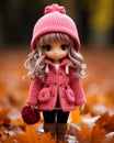 a doll wearing a pink knitted coat and holding a red ball Royalty Free Stock Photo