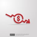 dollar arrow decrease icon. Money arrow symbol. economy stretching rising drop fall down. Business lost crisis decrease. lower Royalty Free Stock Photo