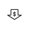 dollar arrow decrease icon. Money arrow symbol. economy stretching rising drop fall down. Business lost crisis decrease. lower Royalty Free Stock Photo