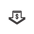 dollar arrow decrease icon. Money arrow symbol. economy stretching rising drop fall down. Business lost crisis decrease. lower Royalty Free Stock Photo