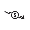 dollar arrow decrease icon. Money arrow symbol. economy stretching rising drop fall down. Business lost crisis decrease. lower