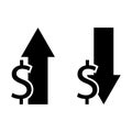 Dollar arrow icon. Rising and falling currency. Vector illustration. EPS 10. Royalty Free Stock Photo