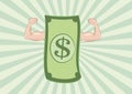 Dollar banknote showing muscle arms on green sunburst background Royalty Free Stock Photo