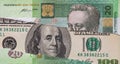 100 dollar banknote through torn 20 Urainian hryvnia banknote