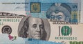 100 dollar banknote through torn 5 Urainian hryvnia banknote