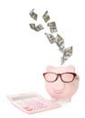 Dollar banknotes falling into pink piggy bank with glasses and calculator on white background Royalty Free Stock Photo