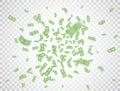 Dollar banknotes falling on transparent background. Dollars icon explosion. Money in a flat style. Cartoon cash sign