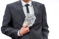 Dollar banknotes in fan in male hands Royalty Free Stock Photo