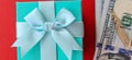 Dollar banknotes and surprise gift box closeup Royalty Free Stock Photo