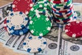 Dollar banknotes on wooden table with casino chips Royalty Free Stock Photo
