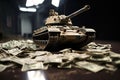 Dollar battleground tank against a background of dollars, war concept