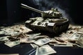 Dollar battleground tank against a background of dollars, war concept