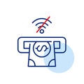 Dollar bill in ATM slot and no wi-fi symbol. Offline mode, banking connection error. Pixel perfect, editable stroke icon