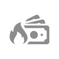 Dollar bill, banknote stack and fire or flame vector icon