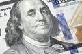 100 dollar bill close up. Part of a new hundred dollar bill. Benjamin Franklin close-up portrait Royalty Free Stock Photo