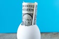 1 dollar bill in an egg shell. On a turquoise background. The co Royalty Free Stock Photo