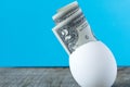 2 dollar bill in an egg shell. On a turquoise background. The co Royalty Free Stock Photo