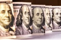 100 dollar bill, the gaze of Benjamin Franklin, vertical location close-up Royalty Free Stock Photo