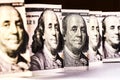 100 dollar bill, the gaze of Benjamin Franklin, vertical location close-up. Royalty Free Stock Photo