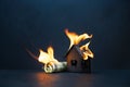 A dollar bill and a model of a black house are on fire Royalty Free Stock Photo