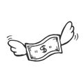Dollar bill with wings doodle. Flying money. Hand drawn illustration
