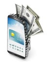100 dollar bills coming out of the smartphone which is opened by a zipper Royalty Free Stock Photo