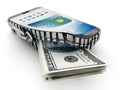 100 dollar bills coming out of the smartphone which is opened by a zipper Royalty Free Stock Photo