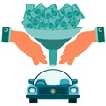 Dollar bills falling through a funnel in hand over the car. Royalty Free Stock Photo