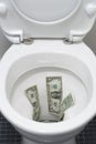 US One Dollar bills flushed down a toilet, toilet paper, worthless, trash