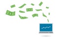 Dollar bills flying out laptop computer screen to show the success of making money online, vector illustration Royalty Free Stock Photo