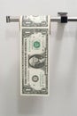 US One Dollar bills in the form of a roll of toilet paper